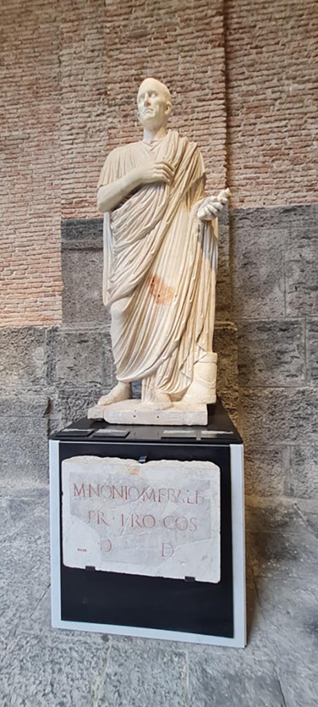 Herculaneum Basilica Noniana. April 2023.
White marble statue of Marcus Nonius Balbus, son, from Basilica Noniana.
On display in “Campania Romana” gallery in Naples Archaeological Museum, inv. 6167.
And (below) -
Dedication to Marcus Nonius Balbus, son, from Basilica Noniana.
On display in “Campania Romana” gallery in Naples Archaeological Museum, inv. 6873.
Photo courtesy of Giuseppe Ciaramella.